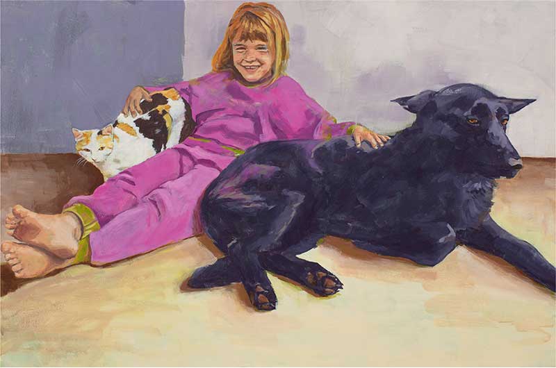 Tamara-Tavella-Art-Kunst-Maedchen-mit-Hund-und-Katze-Auftagsbild-Kinder-Tiere-Erinnerung-an-die-Kindheit