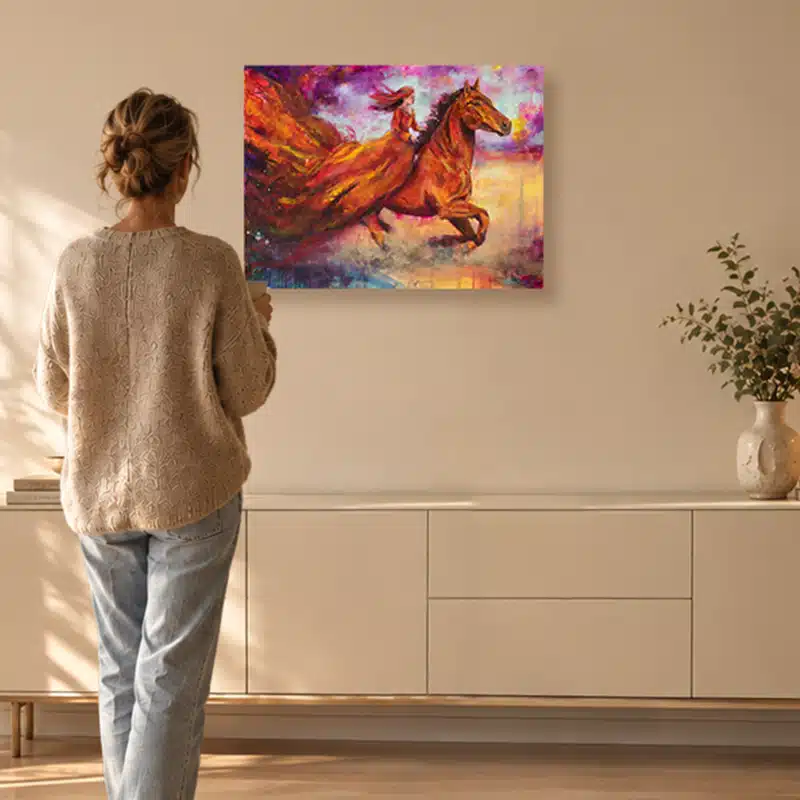 Frau betrachtet das Kunstwerk „Wildfire” an der Wand